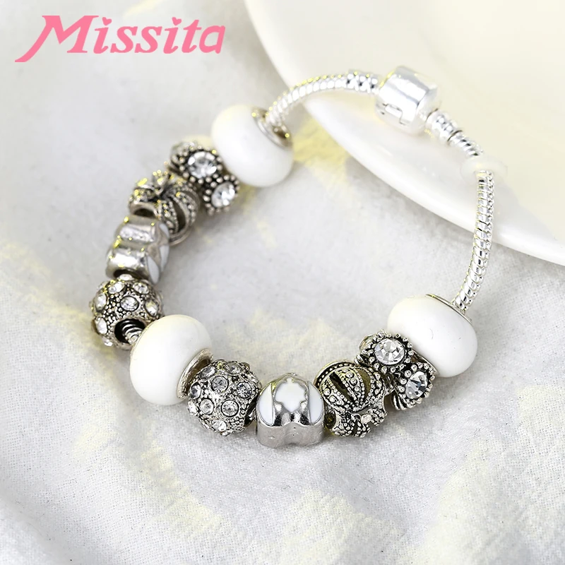 MISSITA модный серебряный браслет с короной очаровательный хрустальный шар белый