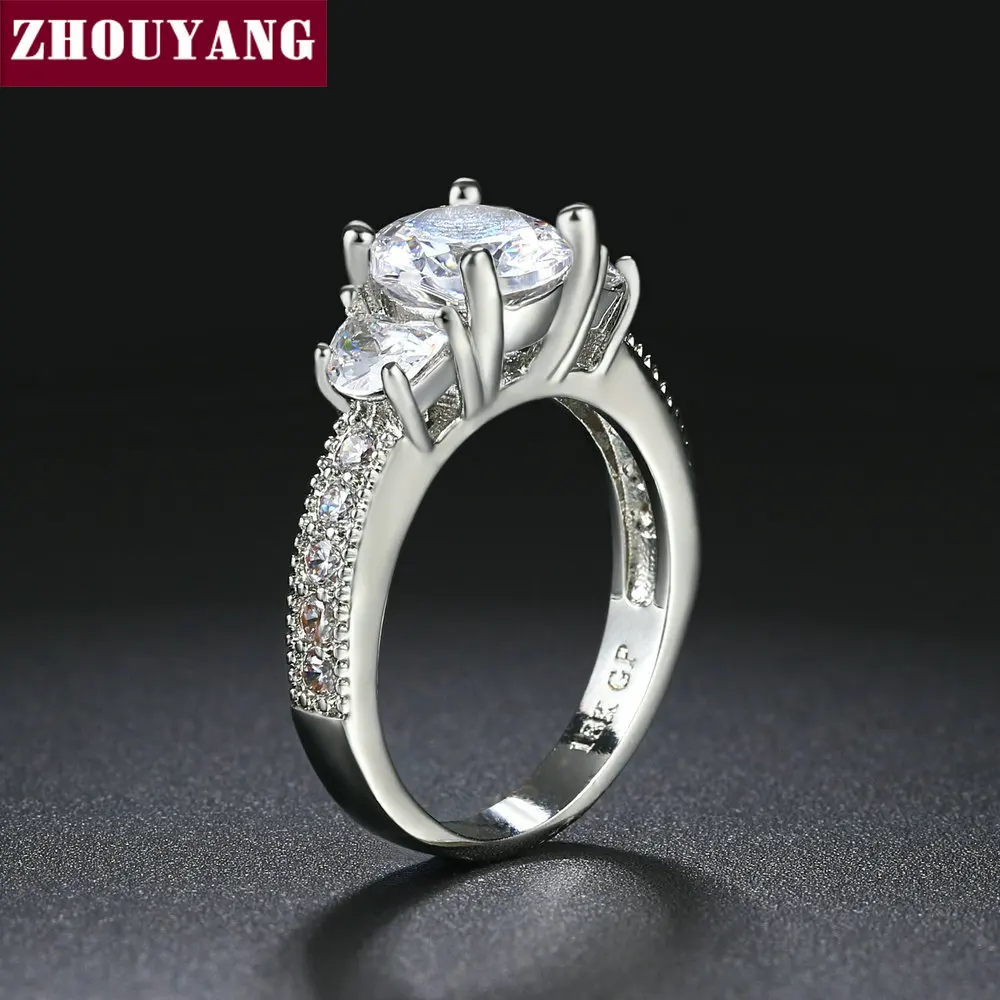 ZHOUYANG, обручальные кольца для женщин, классический стиль, четыре когтя, круглая огранка, кубический цирконий, серебряный цвет, вечерние, подарок, модное ювелирное изделие R145