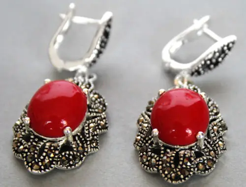 

Vintage 925 Sterling Silver Red coral Marcasite Dangle Hook Earrings