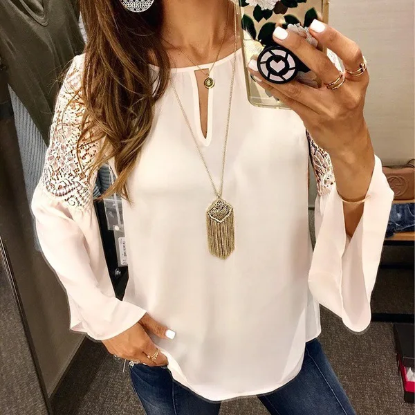 S-5XL Plus Size Women Tops Autumn Spring Stitching Lace Blouses Sweet Flare Sleeve Chiffon Blouse Casual White Pink Shirt Blusa |