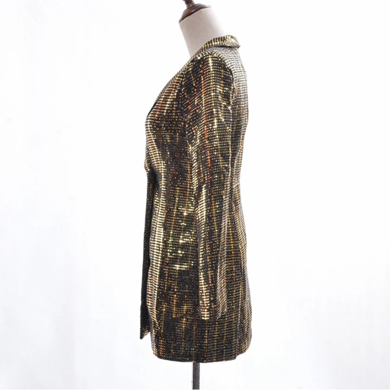 High Street Новая мода 2018 Дизайнер Блейзер Для женщин с длинным рукавом золото Bling