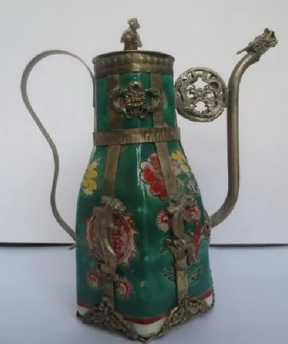 

Healing Rare old Chinese folk collection Tibetan teapot porcelain dragon teapot Garden Decoration 100% real Tibetan Silver Brass