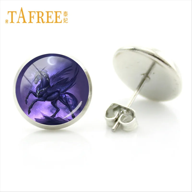 Круглые серьги гвоздики TAFREE с радужным конем и единорогом белые рожки животными