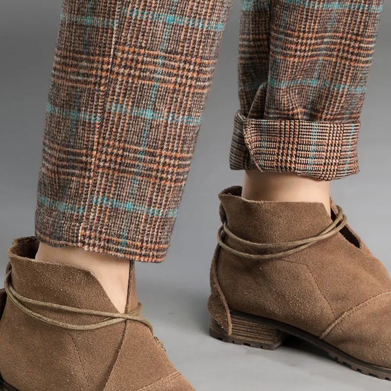 

WQJGR Autumn And Winter Woolen Haren Pants Woman Trousers Lattice Fashion Plaid Easy Bound Feet Pants