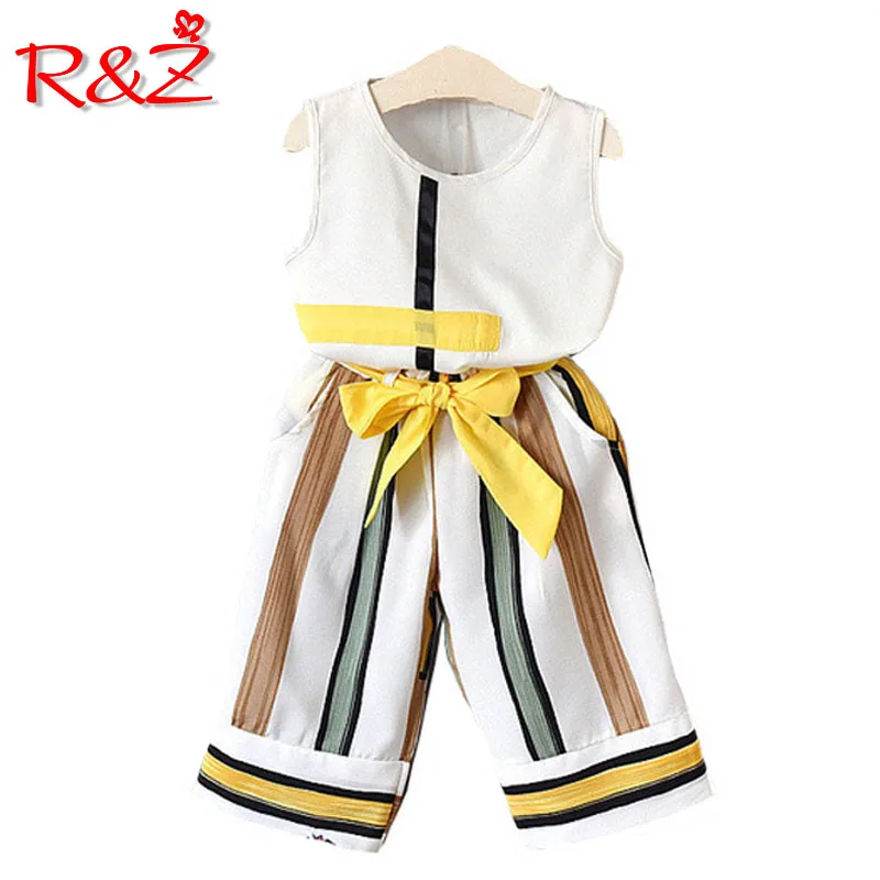 

R & Z/комплекты для маленьких девочек, новый однотонный жилет из шифона на лето 2019, топ + ремень в полоску, широкие штаны, комплекты из 2 предметов, детская одежда, k1