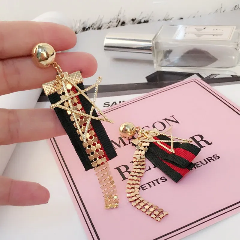 Korean Women Big Star Drop Earrings Stripe Ribbon Pentagram Long Chain Tassel For Girls Party Jewelry | Украшения и аксессуары