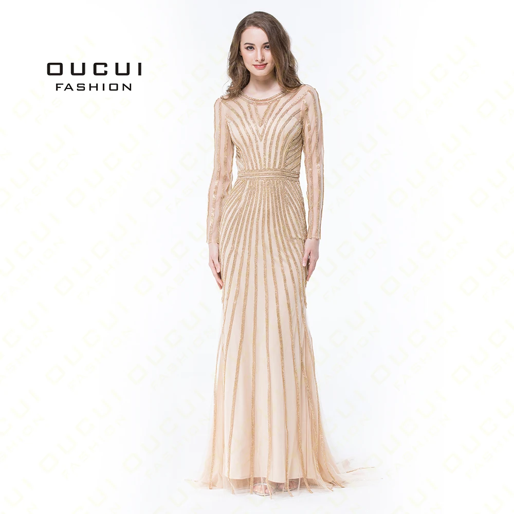 

2019 Real Photo Dubai Fashion Evening Dress Tulle Crystal O Neck Formal Prom Dress Luxury Long Sleeve Robe De Soiree OL102871B