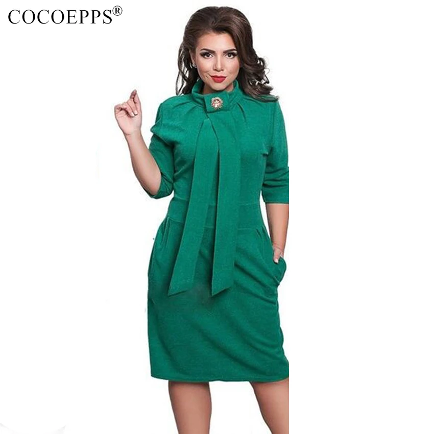 Женское платье COCOEPPS Осеннее теплое большого размера 5XL 6XL офисное зеленое