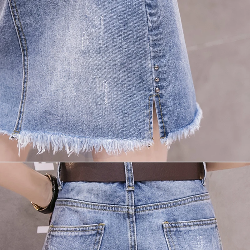 

Summer Blue Vintage Denim Pencil Skirt With Tassel Elegant Streetwear Mini Skirt Femme