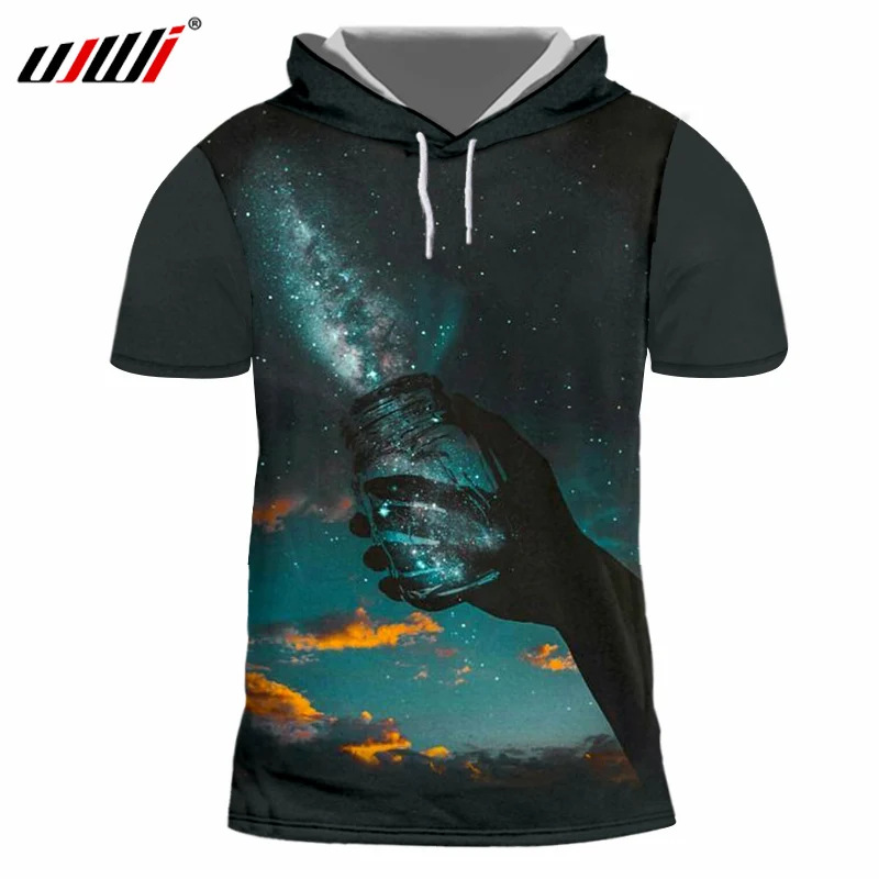 

UJWI новый креативный дизайн мужские 3d принт звезды в бутылке с капюшоном футболки Homme Slim Fit фитнес рубашки с коротким рукавом толстовки с капю...