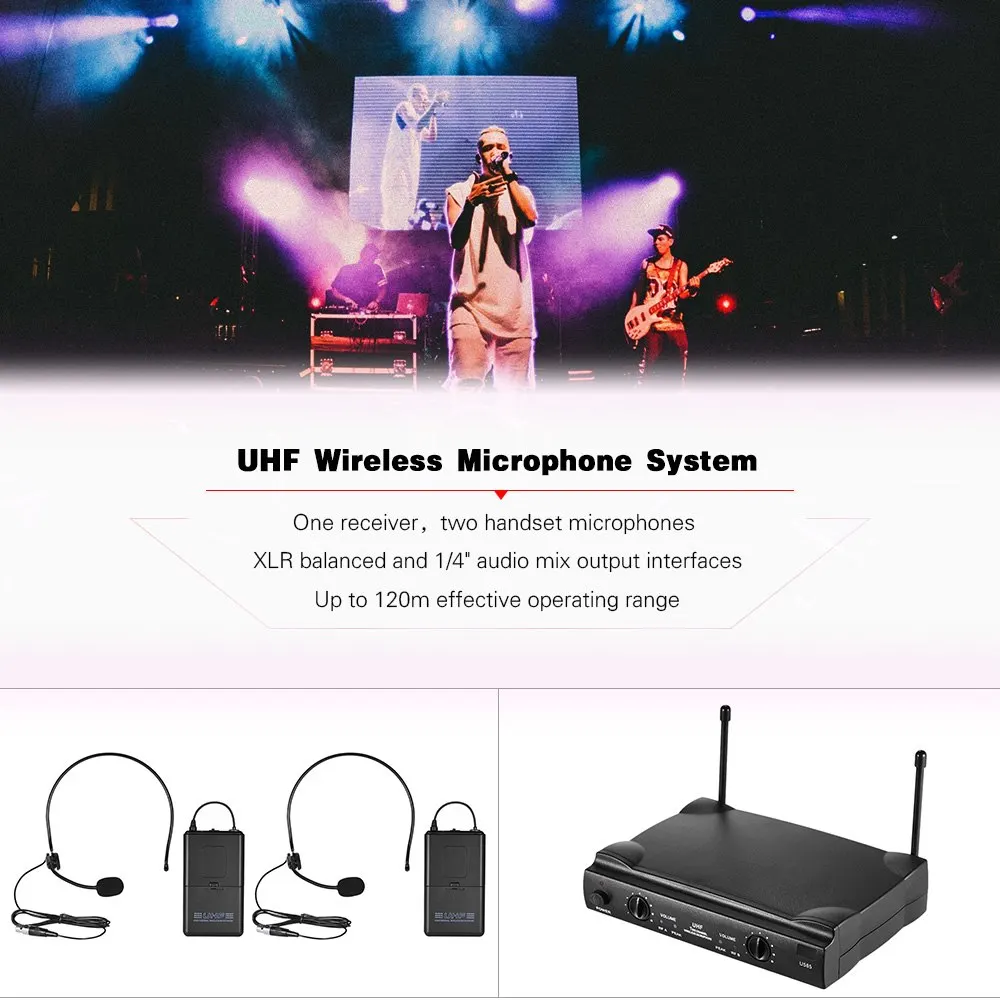 UHF двухканальная Беспроводная микрофонная система с 2 передатчиками гарнитуры