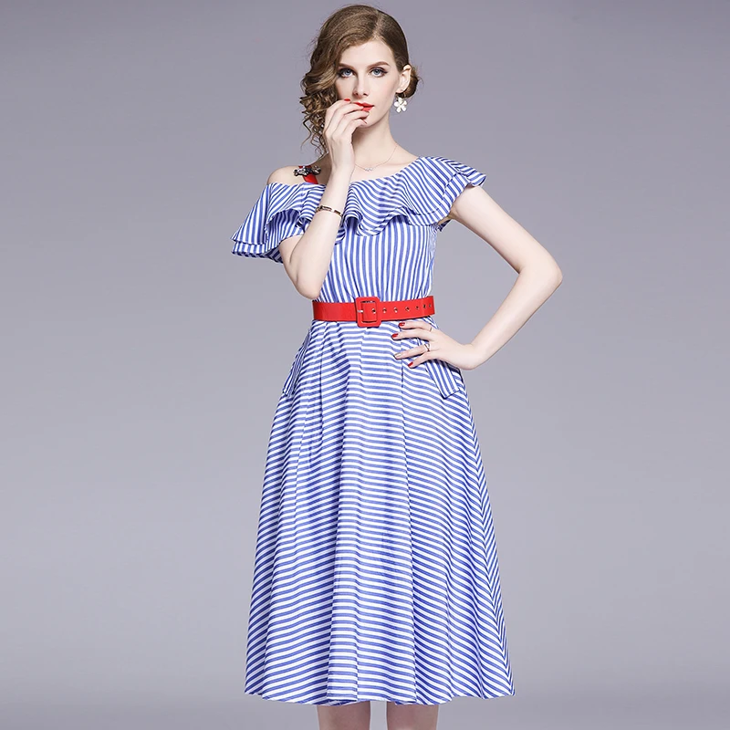 BLLOCUE Ruffled Off Shoulder Blue and White Striped dress 2019 Summer Women High Waist Midi Dress With Belt | Женская одежда