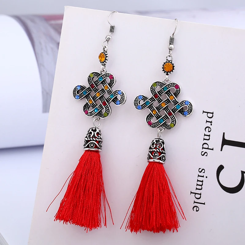 Long Earrings for Women Blue Chinese Knot Tassel Zinc Alloy Korean Drop Jewelry 2018 | Украшения и аксессуары