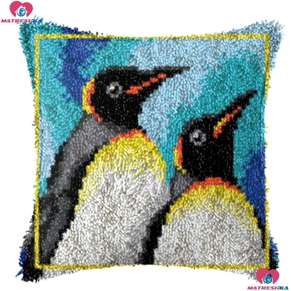 

Penguin Latch Hook kits Pillowcase Diy Handmade Printed set Cushion Latch Hook Rug Kits 3d DIY Needlework Unfinished Home decor
