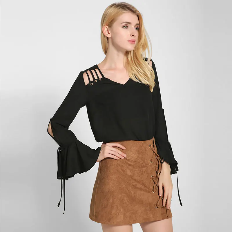 Мода Женщины Шифон Блузки Рубашки С Длинным Рукавом Blusas Mujer Твердые Выдалбливают