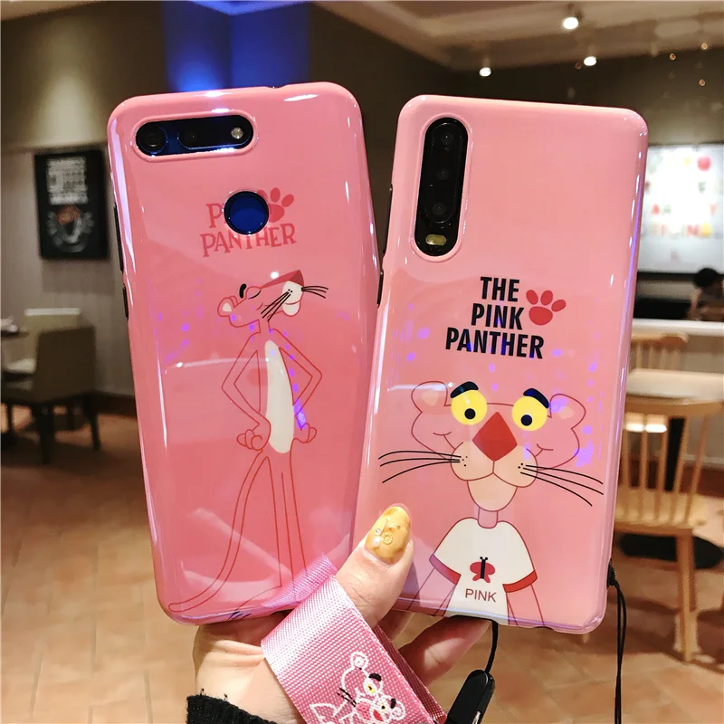 For Huawei P30 pro cute pink panther Soft back phone Cover for P20 mate 20 20X nova4 nova3i V20 Blue Ray cover +Strap |