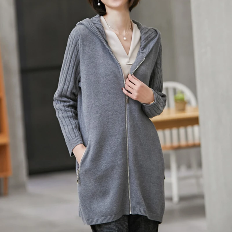 Женский вязаный шерстяной кардиган с капюшоном свободный свитер большого