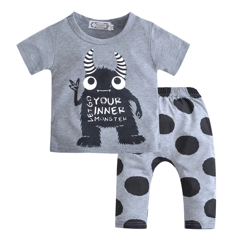 

Summer Baby Boy Clothing Set Cartoon Short Sleeve Let go Your inner monster Letter Tops T-shirt+ Pants 2pcs set Bebe clothes