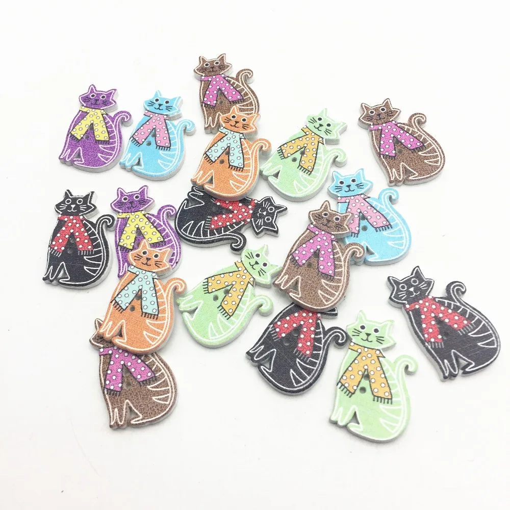 

50Pcs 2 Holes Mixed Cat With Bows Wood Buttons 2 Holes Sewing Accessories Scrapbooking Crafts Button