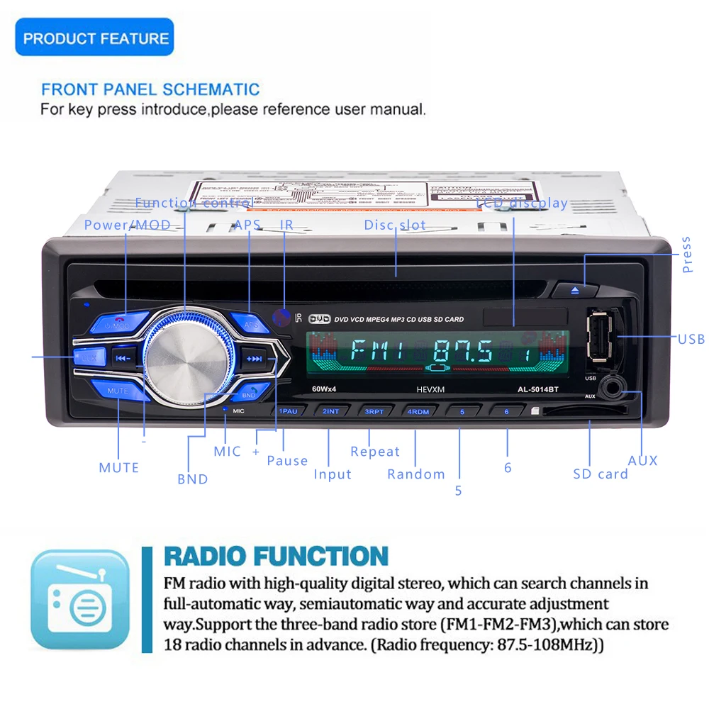 Podofo Авторадио 12 В Автомагнитола Bluetooth 1 din автомобильный стерео CD dvd-плеер телефон AUX-IN MP3 FM/USB/Радио дистанционное управление Автозвук