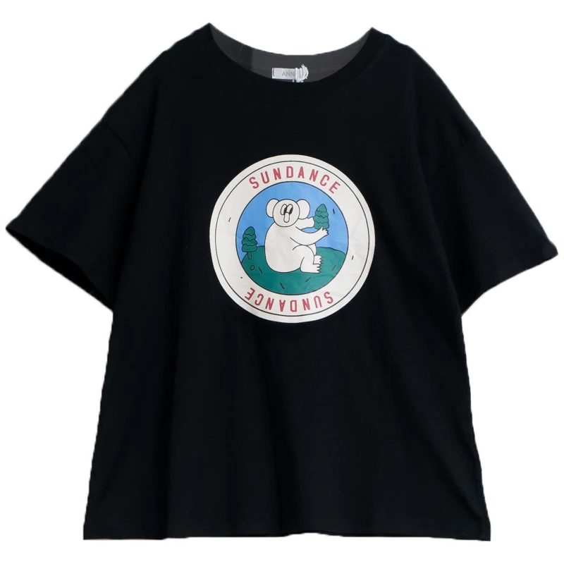 2019 Original Fashion Design Cartoon Koala Print Black Purple T-shirt Summer New Women's Cotton Round Neck Short-sleeved Shirt | Женская