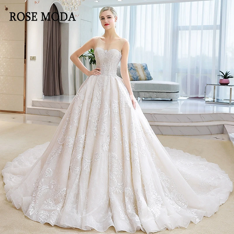 

Роскошное кружевное свадебное платье Rose Moda с длинным шлейфом, Свадебное бальное платье со стразами, на шнуровке, реальные фотографии