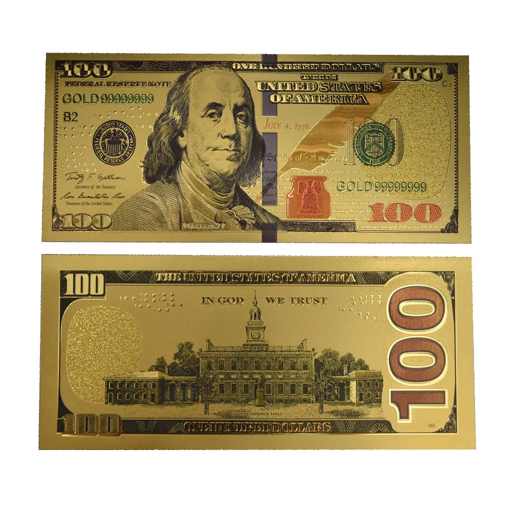 Лидер продаж в США 100 долларов Золотая цветная фольга для банкнот искусственные