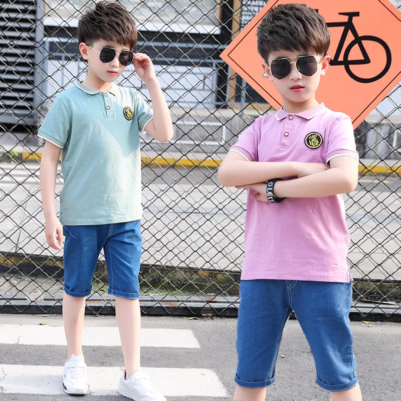 Fashion Summer Clothes for Kids Sollid Turn-down Collar Shirts + Blue Denim Shorts Teenage School Boys Sport Suit Purple/Green |