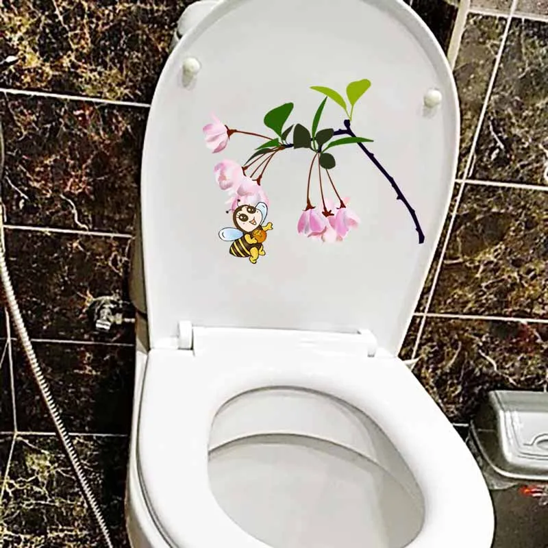 YOJA 21.8X19CM Beatiful Flowers Pink Begonia And Bee Toilet Decal Wall Sticker Bedroom Home Decor T5-0921 | Дом и сад