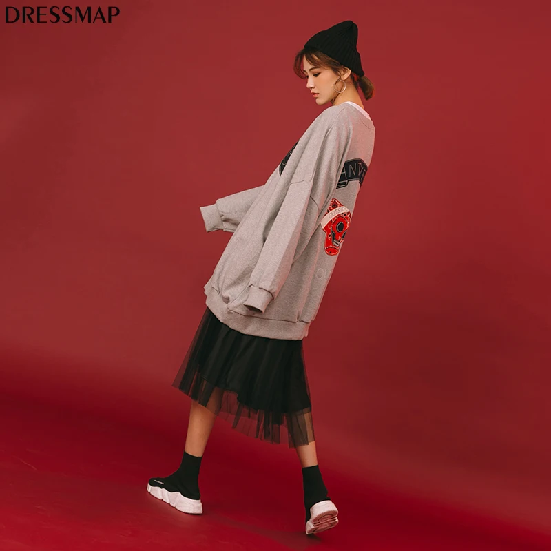 Dressmap 2017 Для женщин oversize-свитшот череп Вышивка уличной моды Толстовки Прохладный