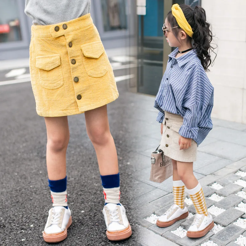 Детская осенняя юбка Вельветовая с карманами на кнопках для девочек 2019|Юбки| |