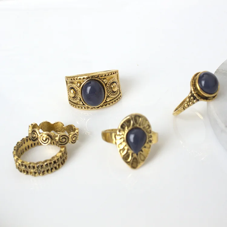 5 Pcs/set Bohemian Retro Crystal Flower Leaves Hollow Lotus Gem Gold/Silver Ring Set Women Wedding Anniversary Gift | Украшения и