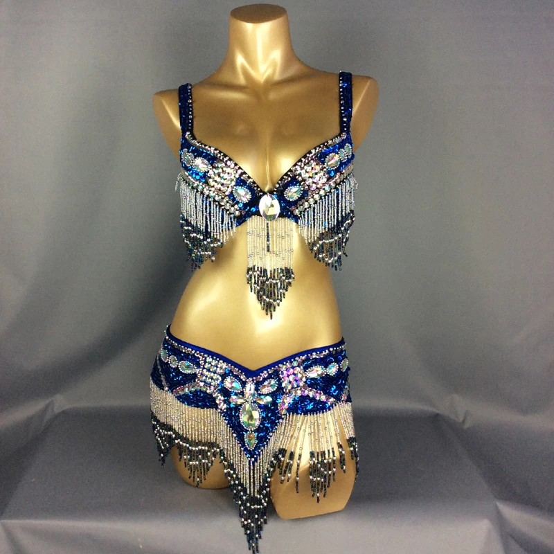 New Women's Beaded Sequins Belly Dance Costume Wear BRA BELT 2pc Set Showgirl Ladies Bellydancing Costumes Bellydance Clothes