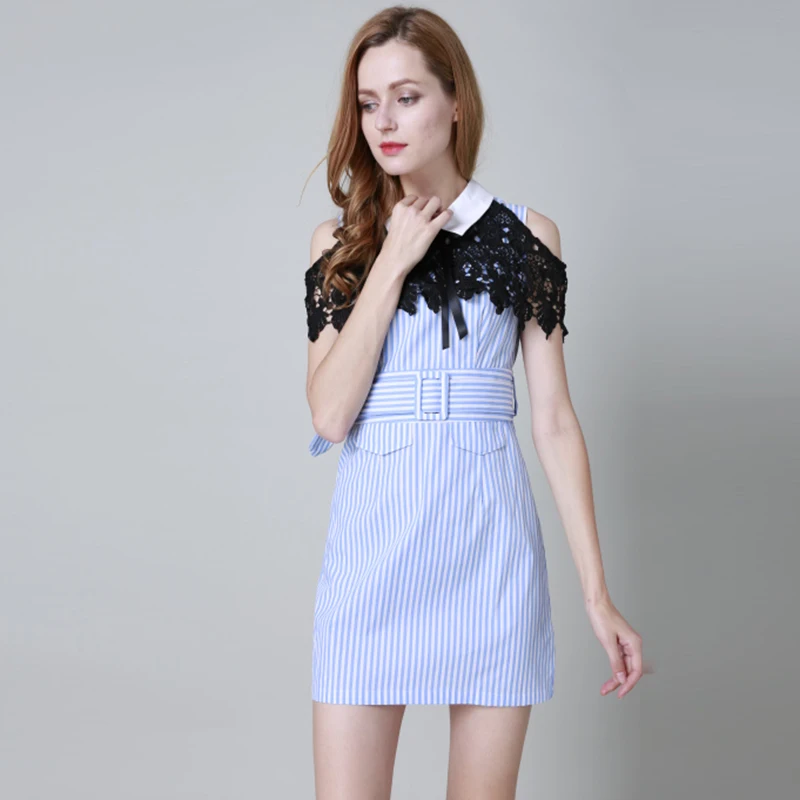 Летние полосатые Платья для женщин Мода 2017 летние шорты рукавом краткое отложной