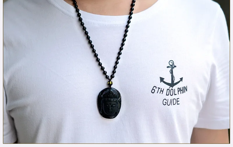 Ожерелье из натурального камня обсидиан Гуаньинь Будда подвеска амулет на удачу