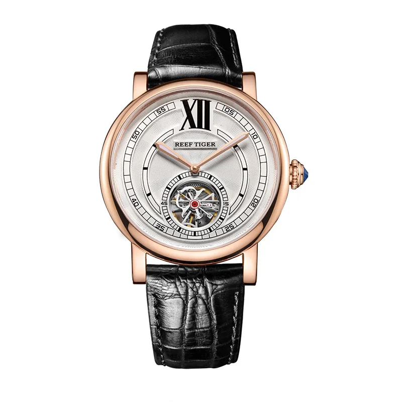 Риф Тигр/RT Роскошные мужские часы розовое золото Tourbillon автоматические часы из натуральной кожи ремешок RGA192 - Цвет: RGA192-PWB