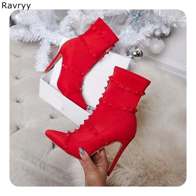 

Ins Fashion Women red short boots elastic fabric 2018 autumn winter woman shoes cool rivets thin heel pointed toe female shoes