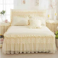 princess lace bedding home textile beige bedspread bed skirt elastic band mattress cover solid fitted sheet pillowcases 13pcs