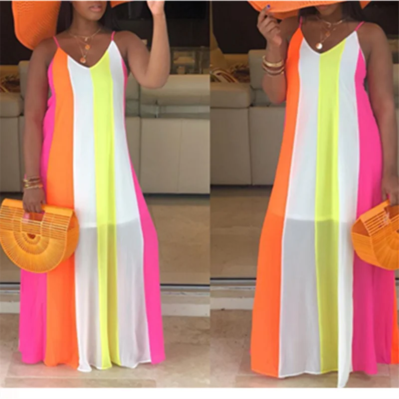 Женское летнее платье макси тонкое шифоновое в полоску с подкладкой пляжная