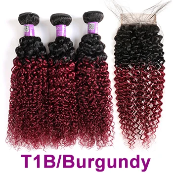 T1B/бордовый Soft Feel Hair T1B/бордовые пучки волос от светлого до темного цвета с закрытием 99J бразильские кудрявые пучки вьющихся волос с закрытием красные Remy человеческие волосы - Цвет: T1B/бордовый