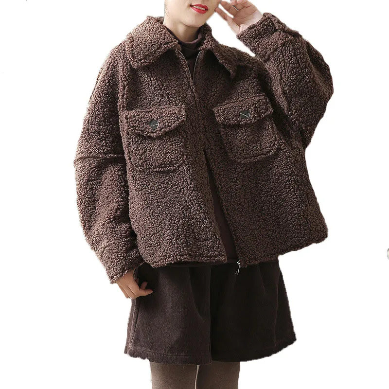Loose Korean Lamb Fur Thick Warm Vintage Casual Winter Coat Women Tops Short Jacket Female Outerwaear Retro Woman Clothes QH416 | Женская