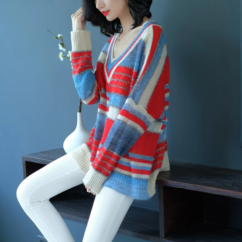 YISU Knitted wool Sweater Women V Neck Fashion Color mohair Pullovers Female Pullover Casual | Женская одежда