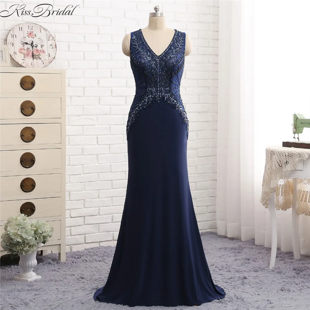 Vestido de gala Потрясающие вечерние платья темно-синего цвета с v-образным вырезом
