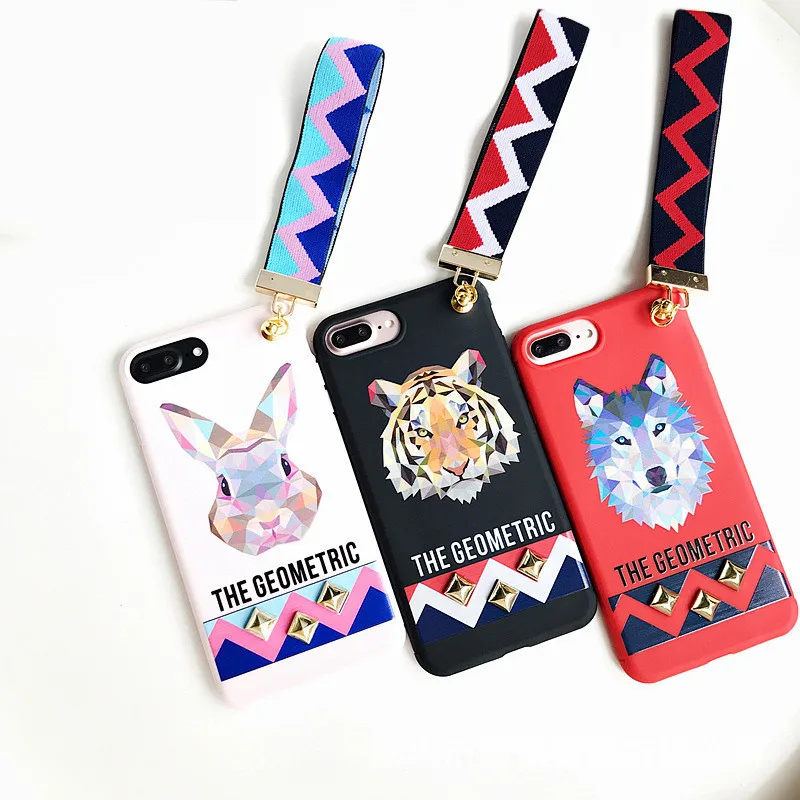 Halloween Animal Printed Case For Iphone X 7 Plus Tiger Rabbit Stud Rivet Wrist Strap Back Cover IPhone 6 6S PLus Coque |