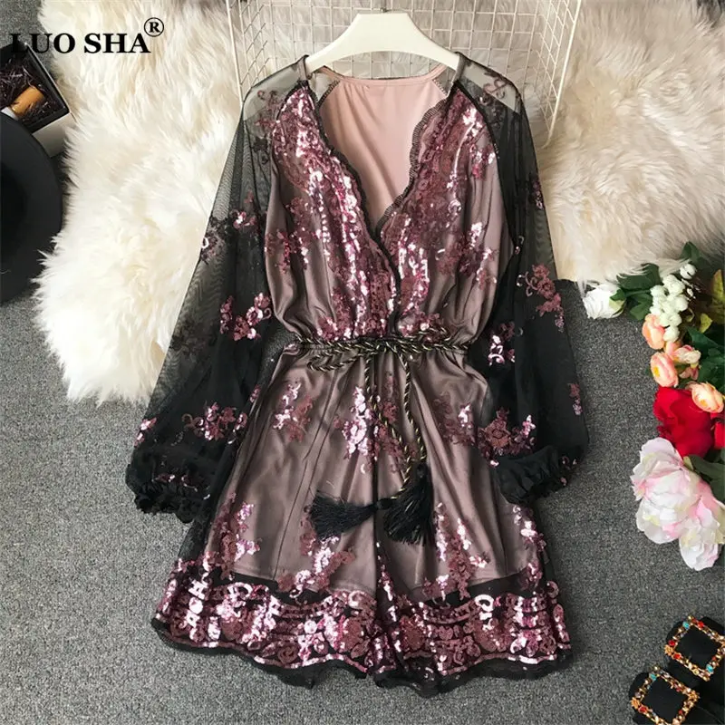 Женский комбинезон с блестками LUOSHA клубный длинными сетчатыми рукавами глубоким