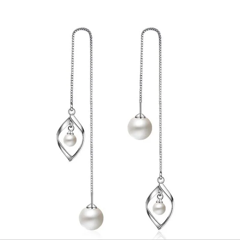 KOFSAC Fashion 925 Sterling Silver Chain Earrings For Women Drop-Shaped Pearl Ear Line Long Tassel Earring Jewelry Gift Brincos | Украшения