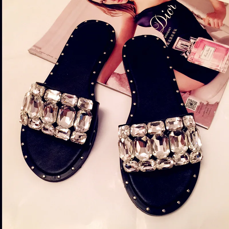 Новая Мода blingbling большие хрустальные Летние женские тапочки из натуральной кожи