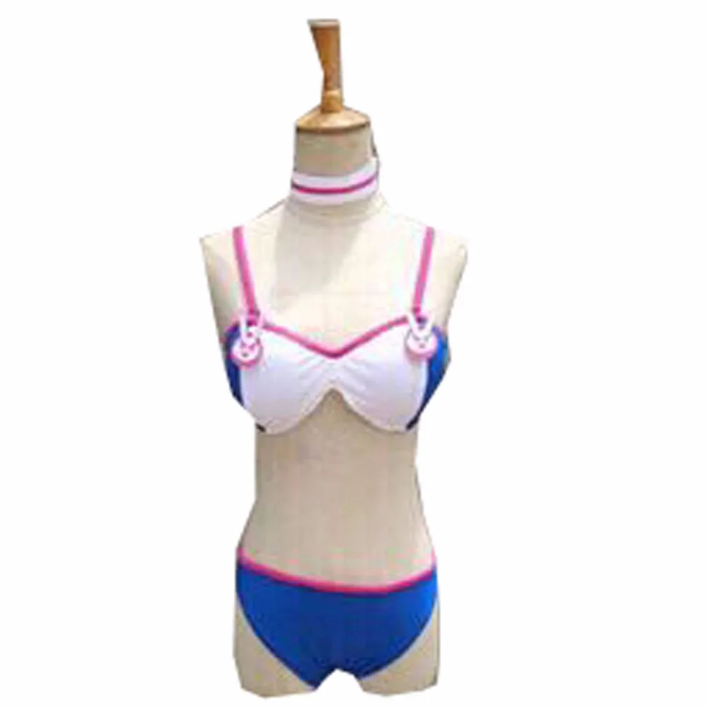 

2018 Cute OW Game D.Va Rabbit Bunny Tail Blue & White Striped Lolita Halter Bikini Bra & Panties Set Unique Women's Cotton Under