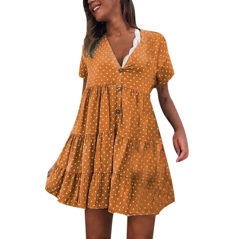 Dresses Платья в горошек, с принтом, на пуговицах, с коротким рукавом, на каждый день, с v-образным вырезом, женские сексуальные модные пляжные Мини платья, vestidos mujer verano#15 - Цвет: Dresses