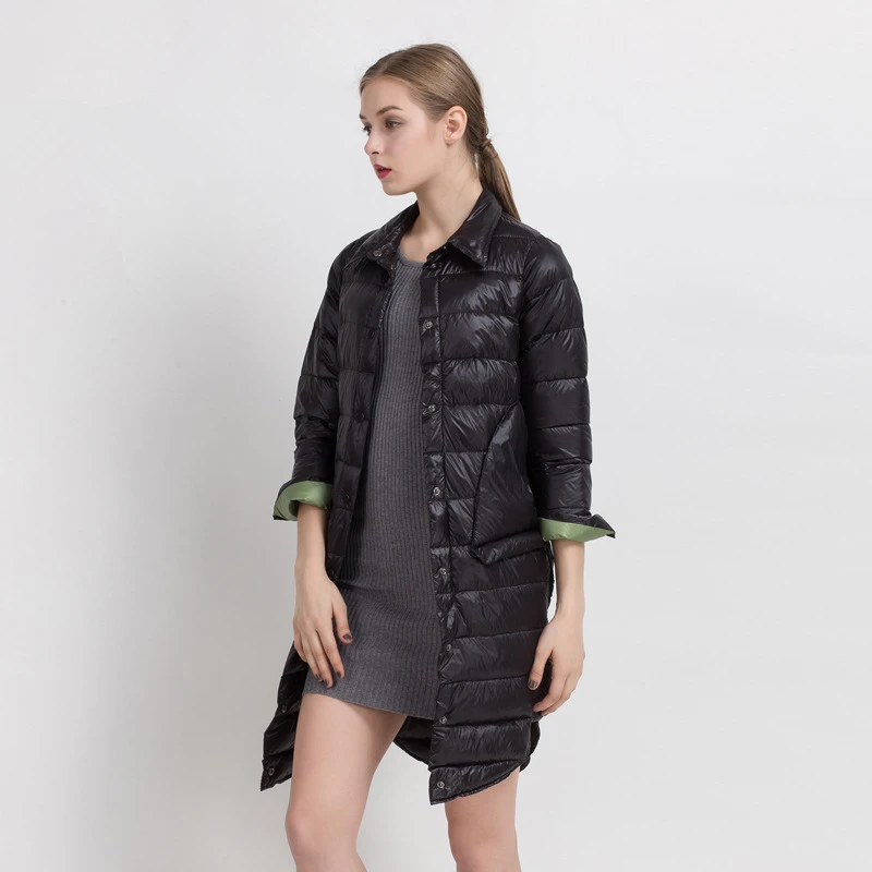 Женский длинный пуховик на 90% белом утином пуху теплая парка повседневное пальто